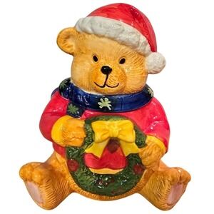 Gibson Christmas Merry Beary Bear Cookie‎ jar with Santa Hat & Wreath Ceramic